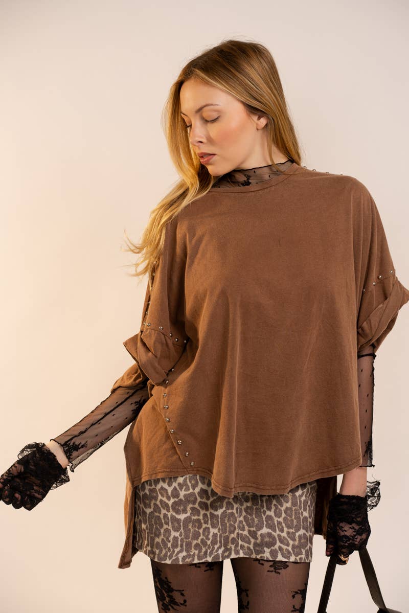 Garment Washed Roll Up Sleeve Studded High Low Tee