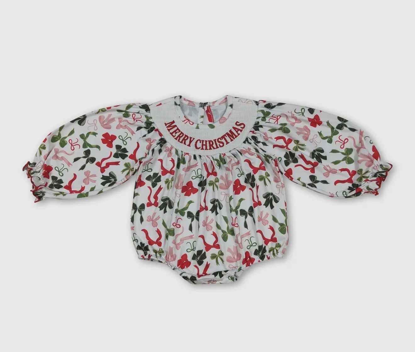 Red Green Bow Merry Christmas Smocked
Girls Romper
