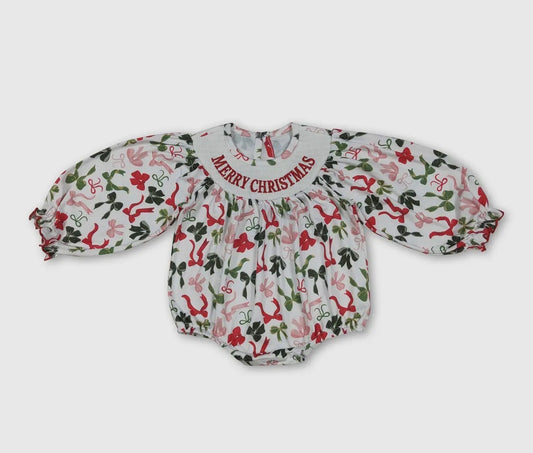 Red Green Bow Merry Christmas Smocked
Girls Romper
