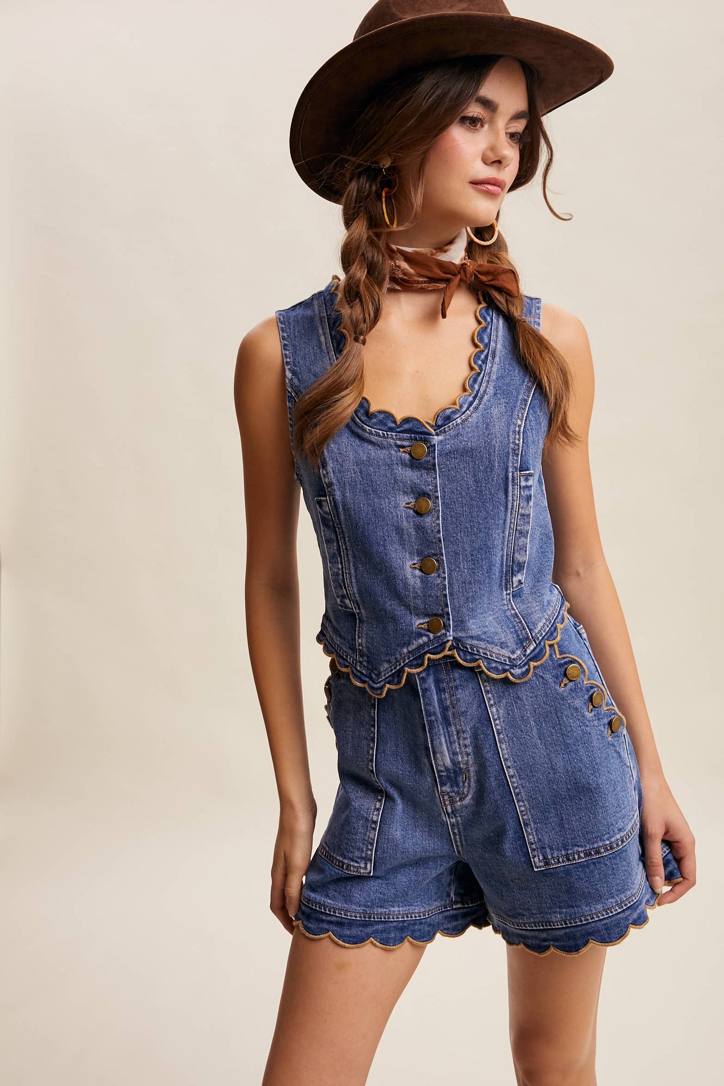 Scallop Trim Stretch Denim Vest Drift Blue