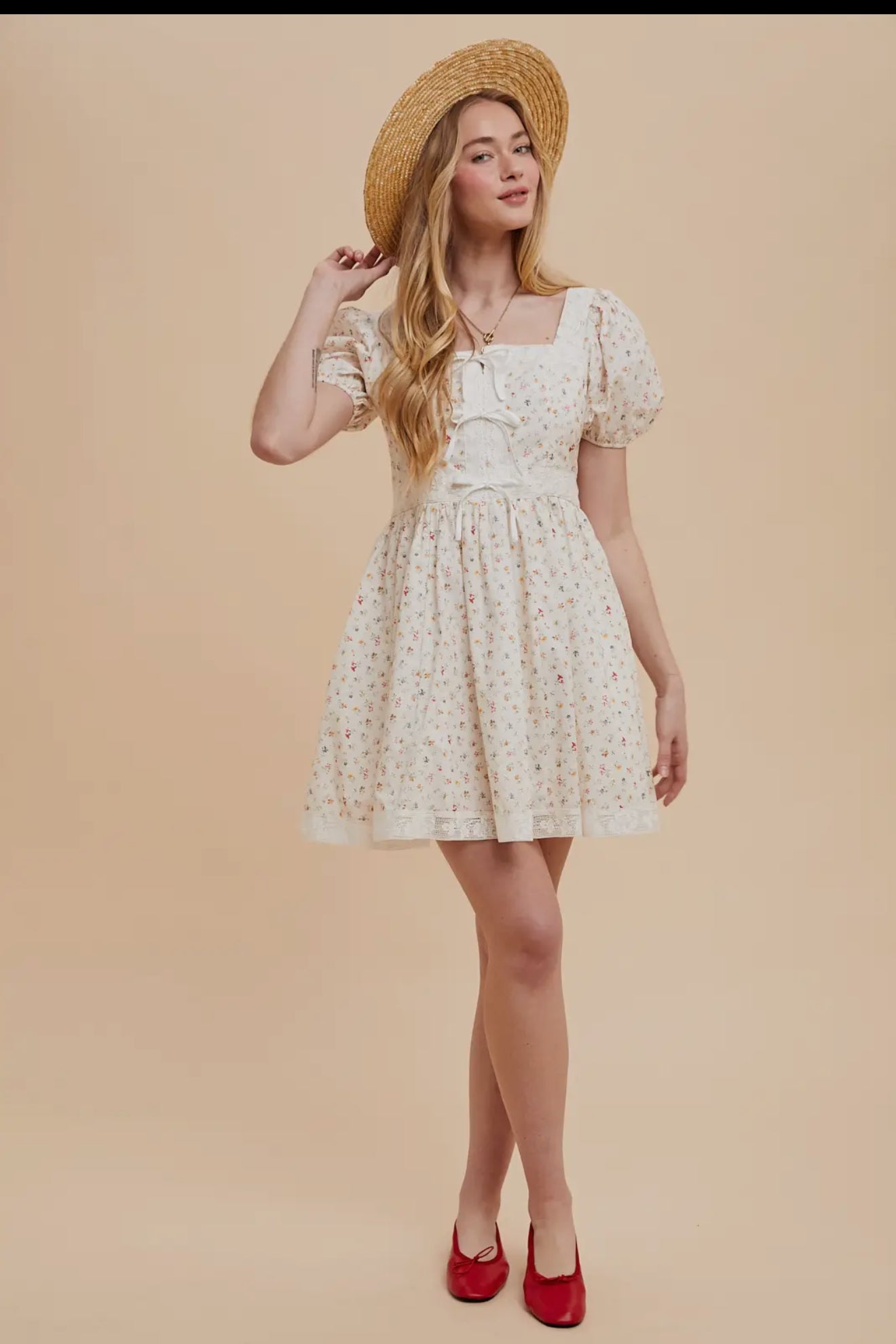 Cotton Floral Bow Mini Dress