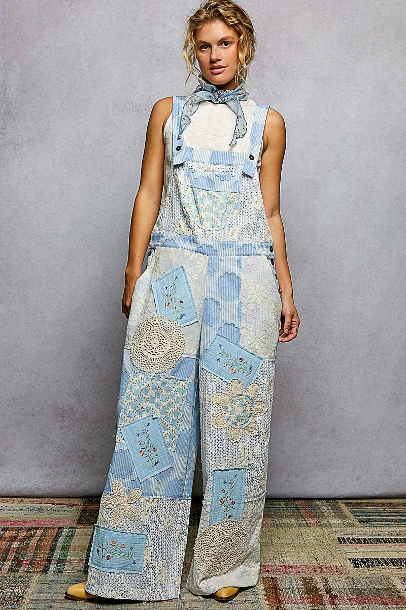 Floral Patch Stitch Detail Wide Leg Woven Overalls: BLUE STRIPED