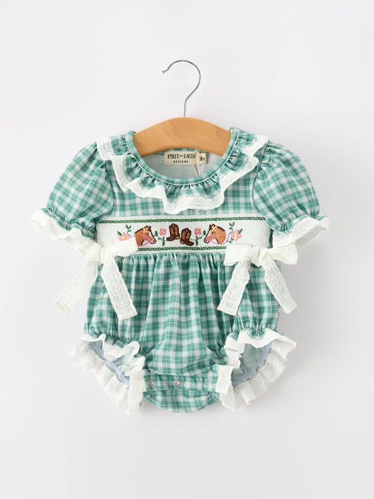 Western Plaid Horse Embroidered Girl Bubble Romper