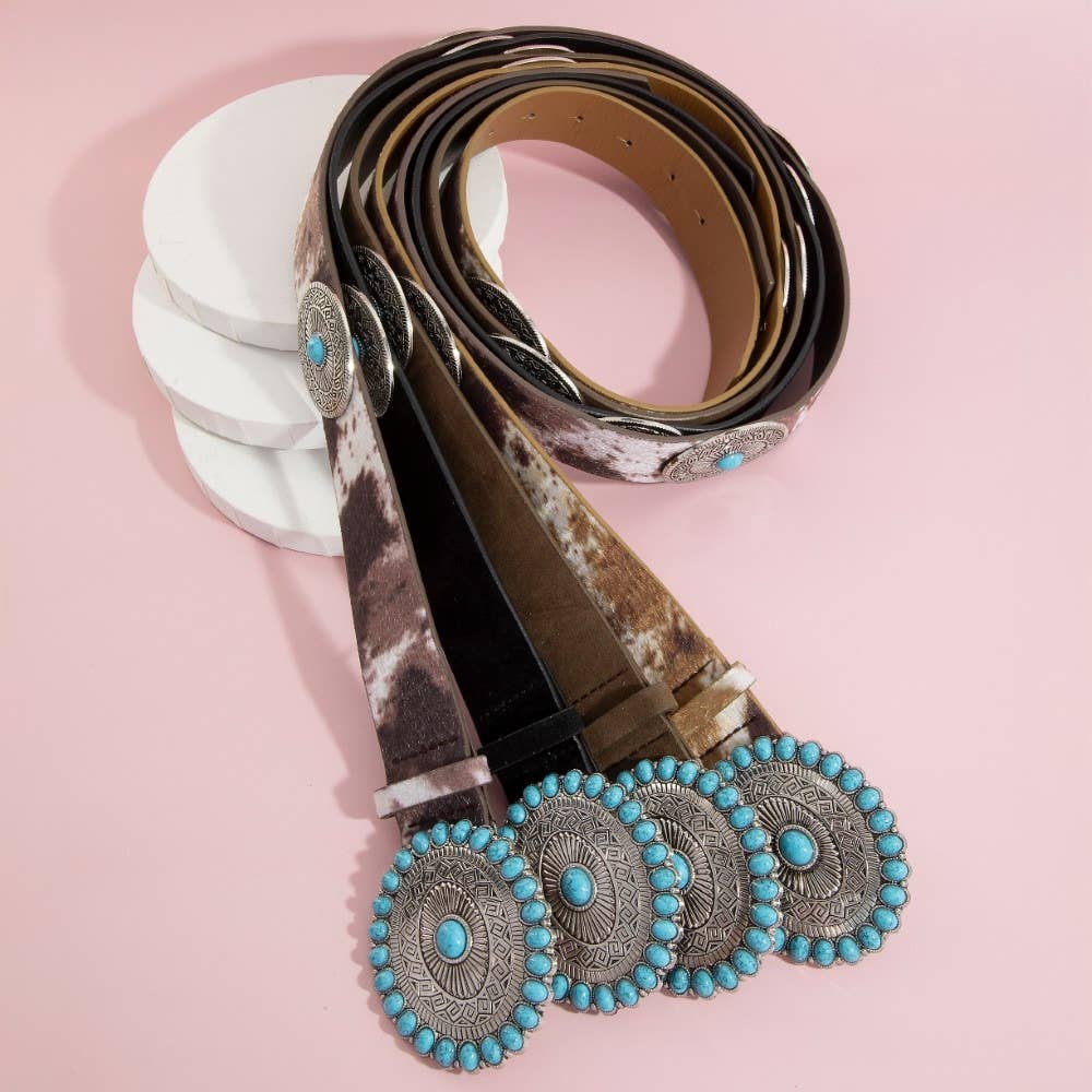 Oval Turquoise Concho Buckle Faux Leather Cowboy Belt: LCO
