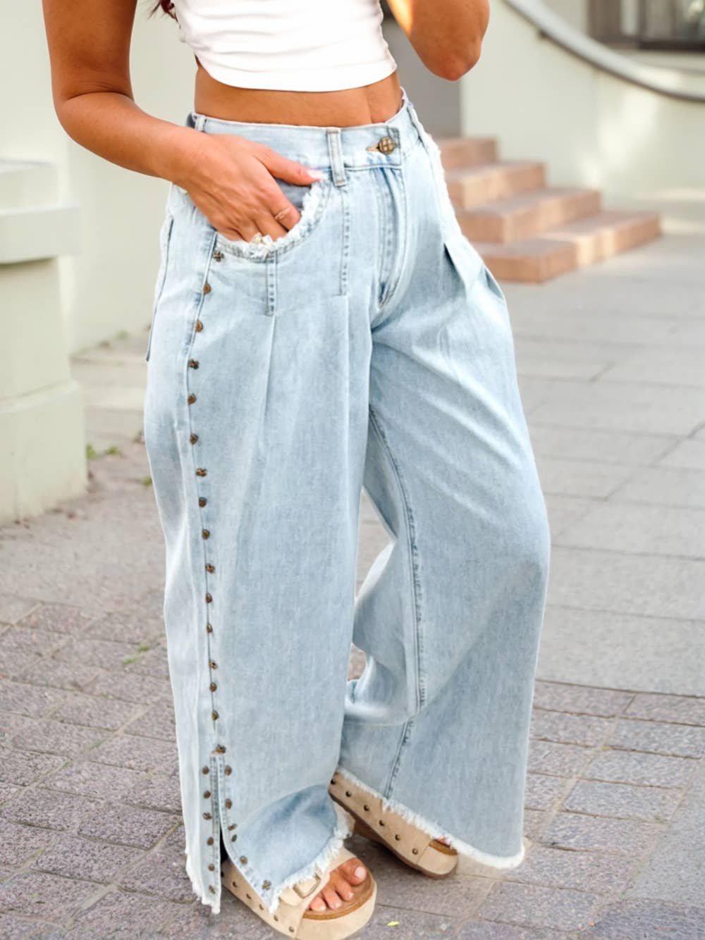 Studded Side Detail Split Leg Frayed Wide Leg Jeans