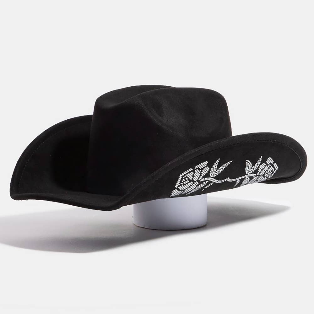 Rhinestone Rose Embroidered Cowboy Hat Black