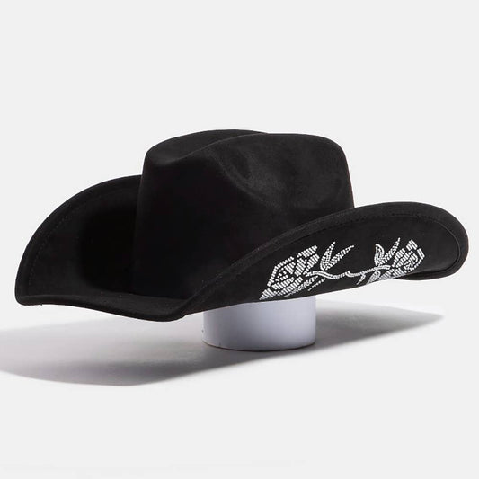 Rhinestone Rose Embroidered Cowboy Hat Black