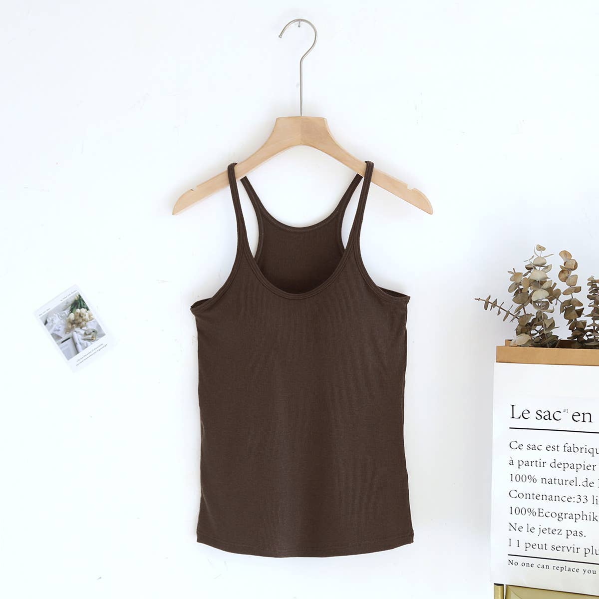 Regular athletic Spoon U-neck built-in bra rib tank top: Brown