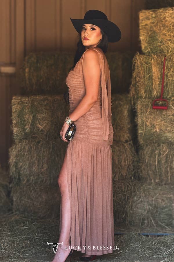Beige Ruched Halter Slit Hem Gathered Dress