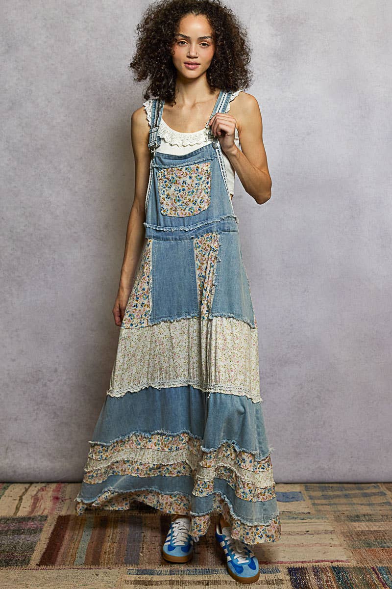 Vintage Washed Front Pocket Floral Contrast Dress: DENIM