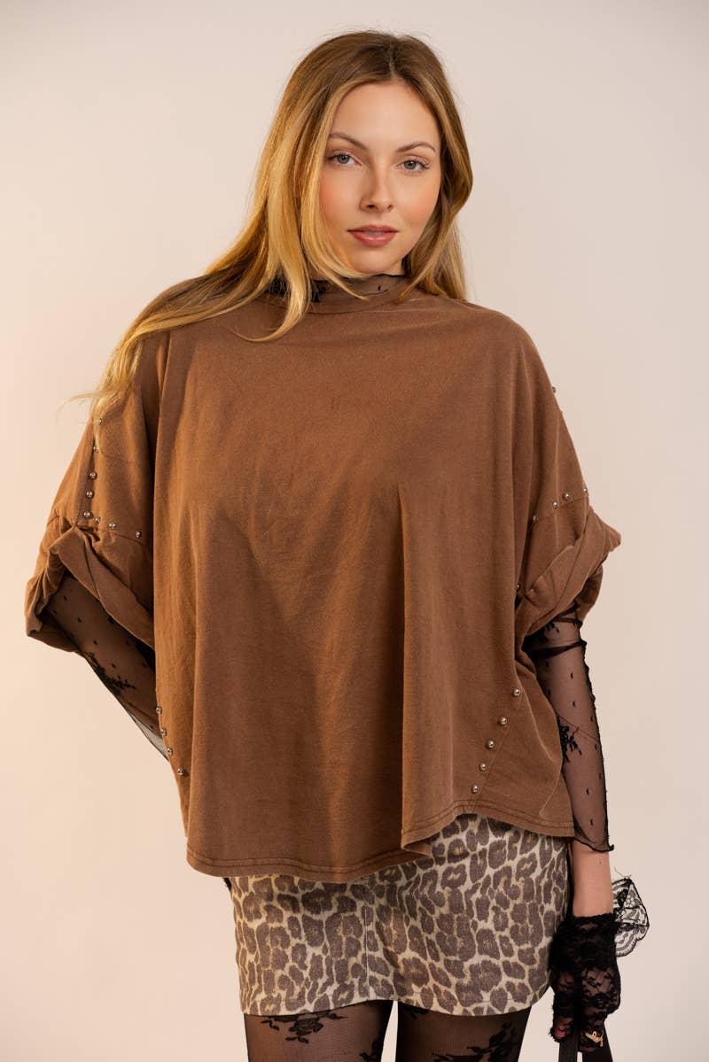 Garment Washed Roll Up Sleeve Studded High Low Tee