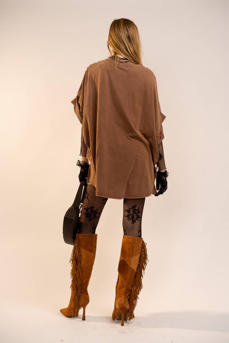 Garment Washed Roll Up Sleeve Studded High Low Tee