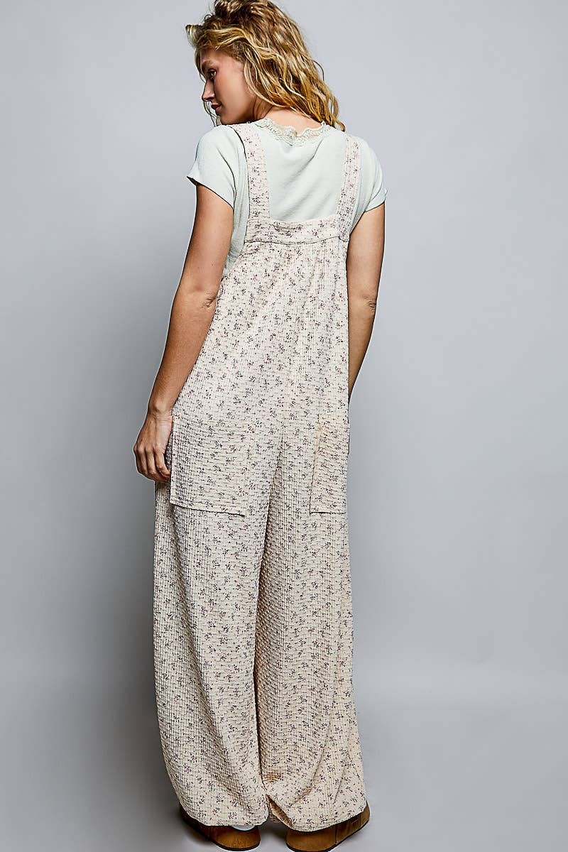 Vintage Floral Knit Contrast Pocket Jogger Overalls: CREAM MULTI