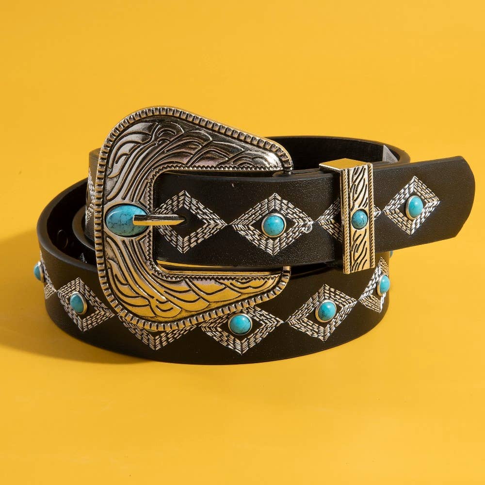Western Embroidered Buckle Pattern Faux Leather Belt Silver
