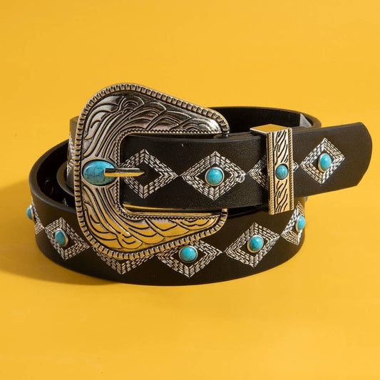 Western Embroidered Buckle Pattern Faux Leather Belt Silver