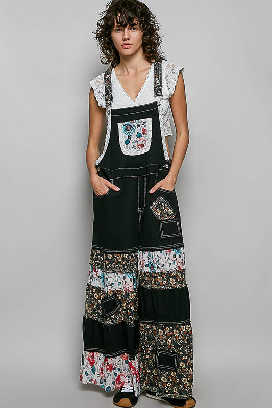 Feminine Mixed Printed Fabric Ruffle Wide Leg Overall Black