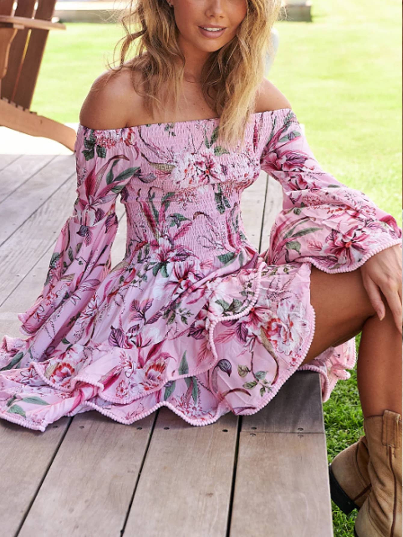 Floral Print Off Shoulder Ruffled Short Dress: Pink