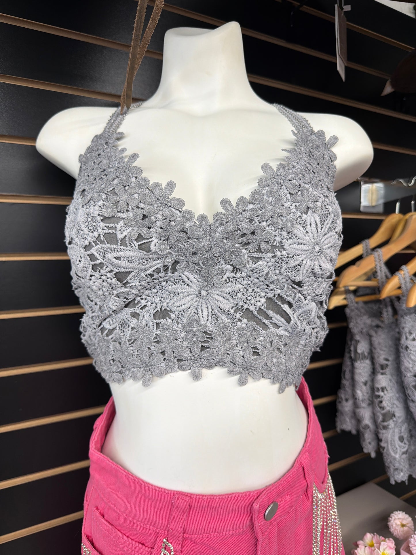 Adjustable cross strap lace crochet smock back bralette: CHARCOAL