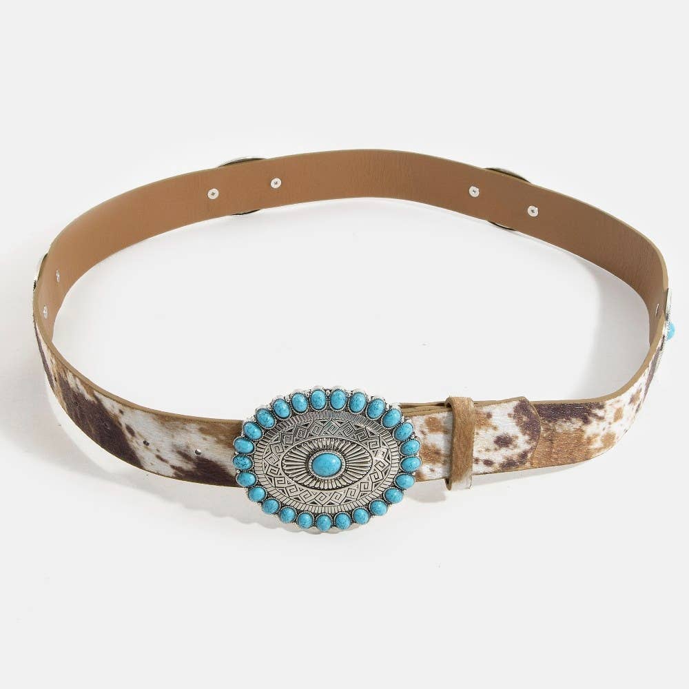 Oval Turquoise Concho Buckle Faux Leather Cowboy Belt: LCO