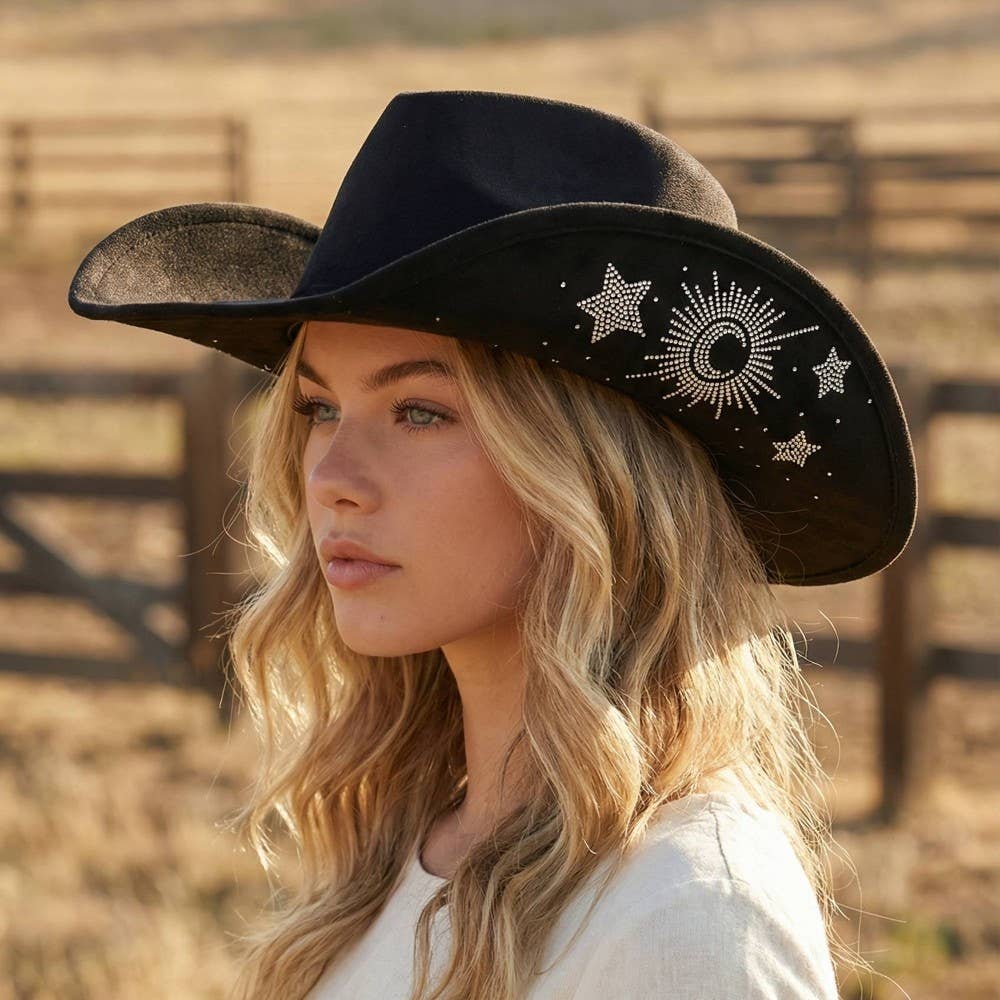 Rhinestone Moon And Star Embroidered Cowboy Hat Black
