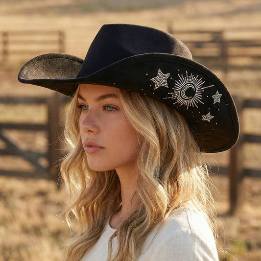 Rhinestone Moon And Star Embroidered Cowboy Hat Black