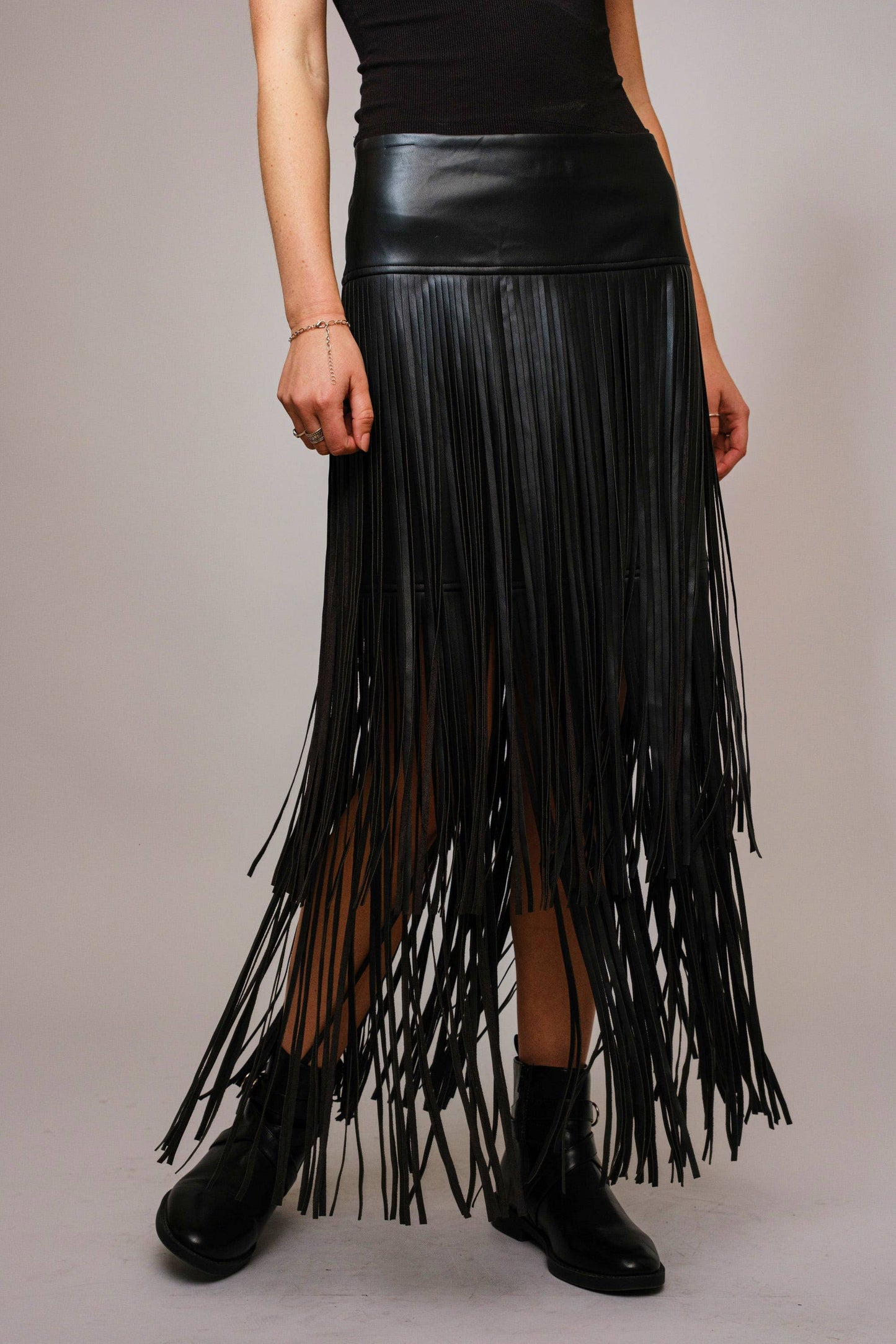Faux Leather Tiered Fringe Maxi Skirt: Black
