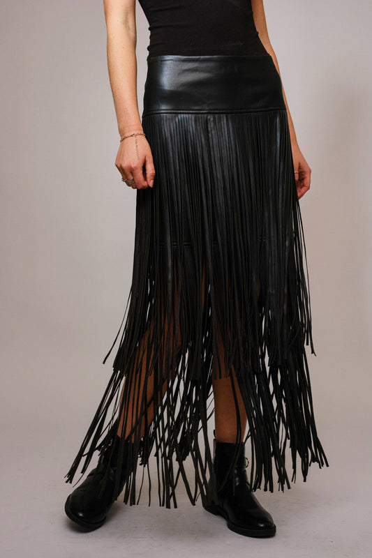 Faux Leather Tiered Fringe Maxi Skirt: Black