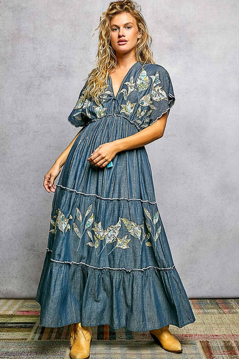 Embroidery Ruffle Neck Loop Cotton Denim V-neck Long Dress : DEEP DENIM