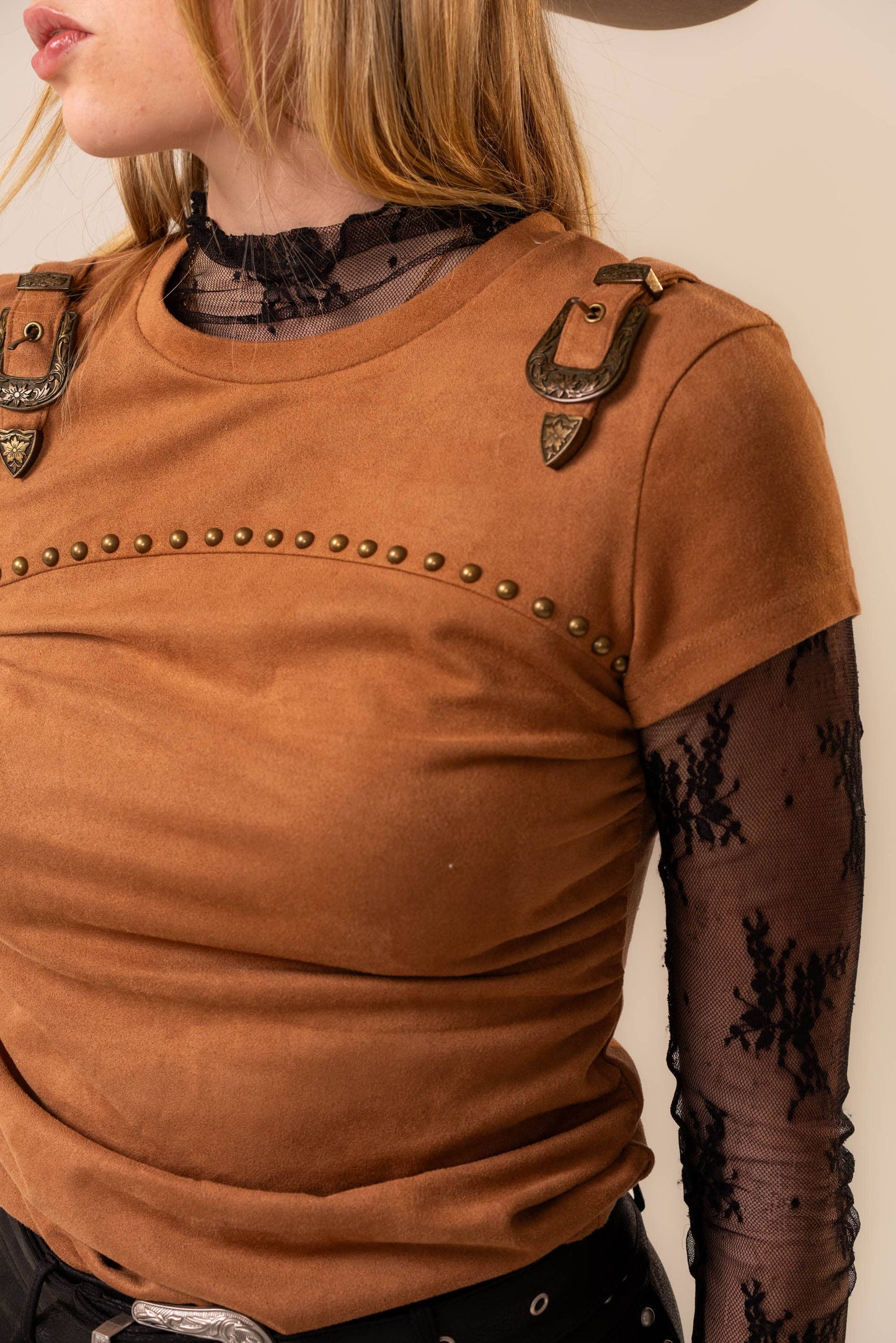Suede Western Buckle Studded Top: CAMEL