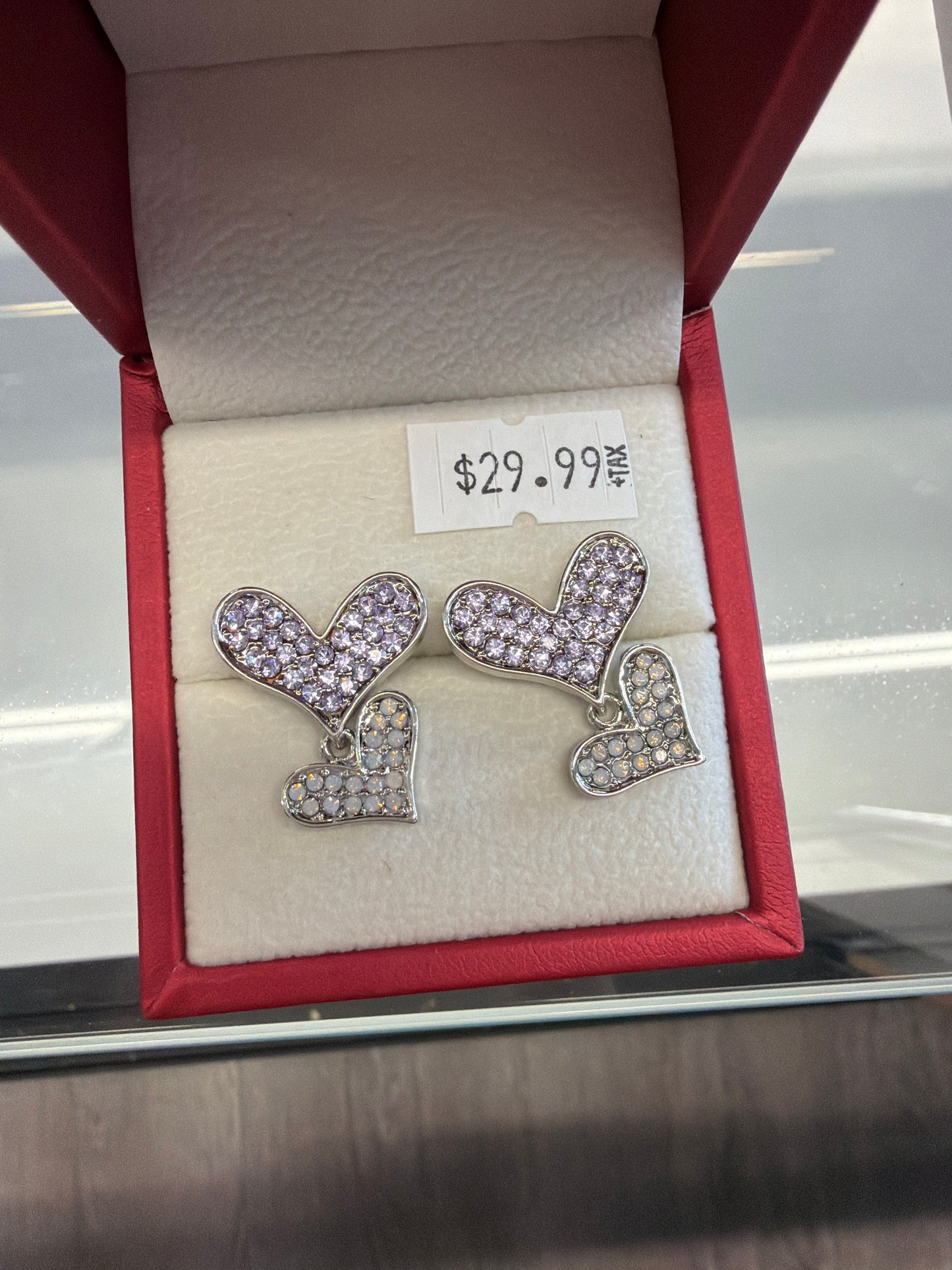 Double Heart Drop Earring, Heart Stud Earring, Crystal Stud