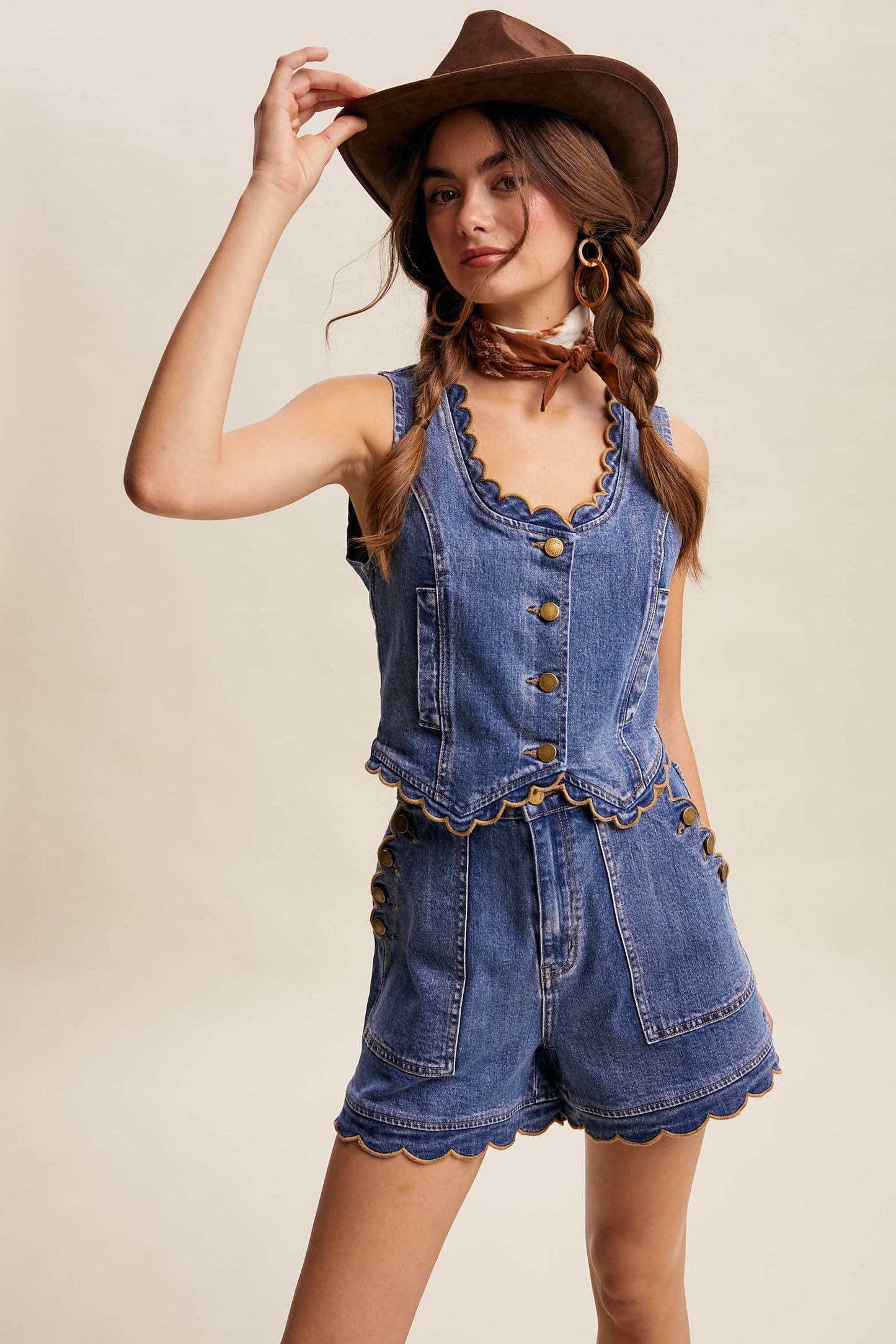 Scallop Trim Stretch Denim Vest Drift Blue