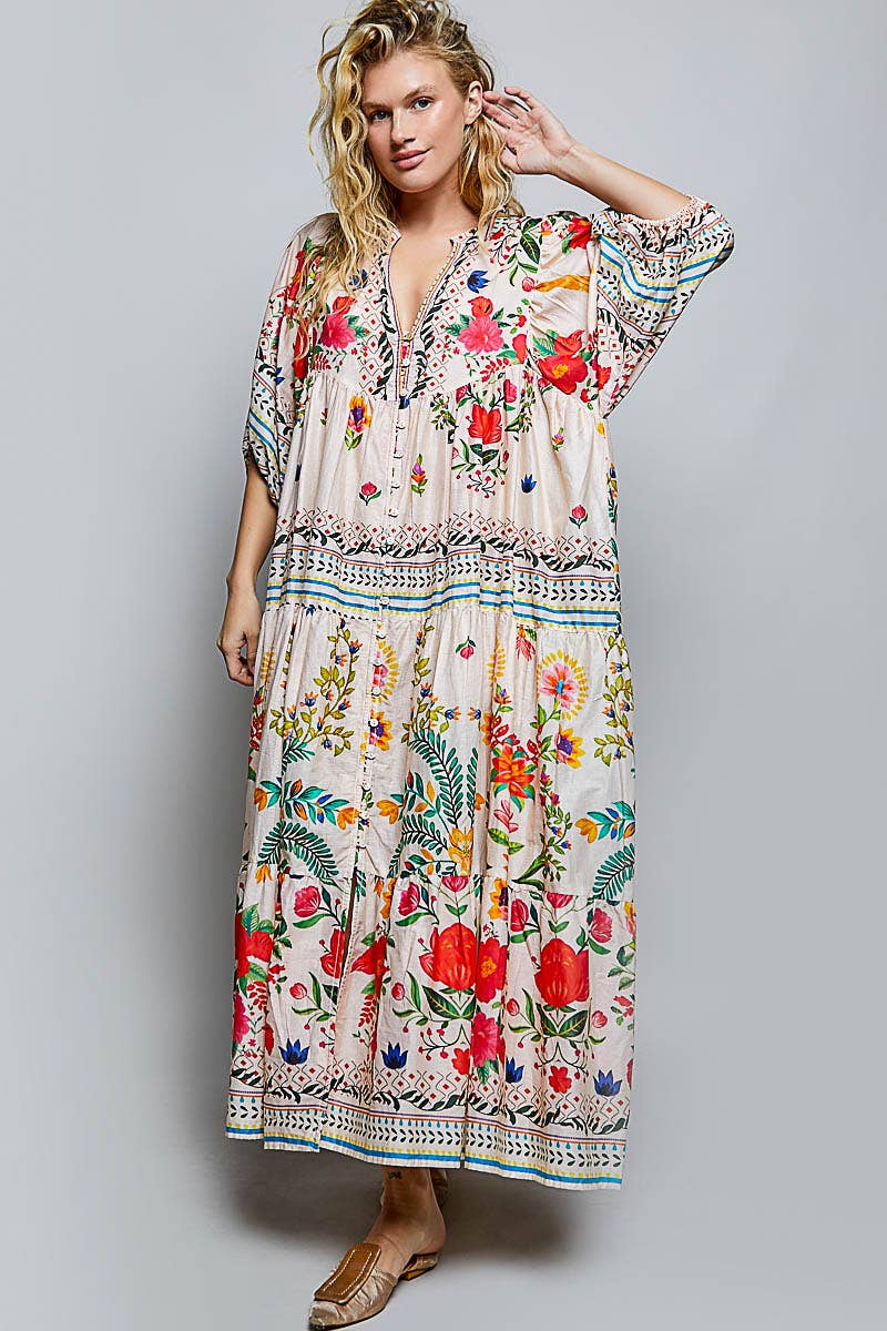 Boho Deep V-Neck Floral Balloon Sleeve Long Dress: NATURAL MULTI