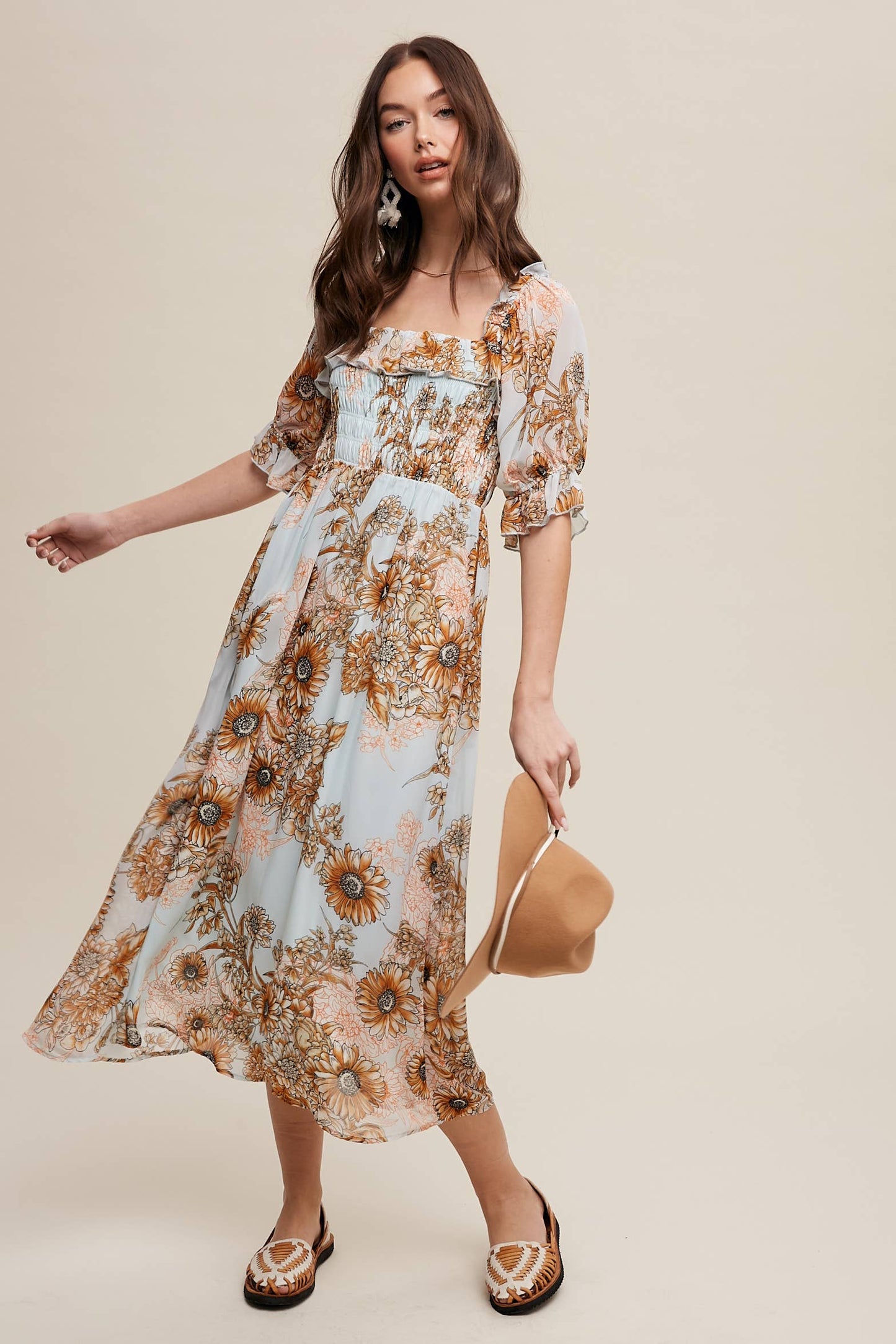 Floral Smocked Midi Dress: Butter Scotch