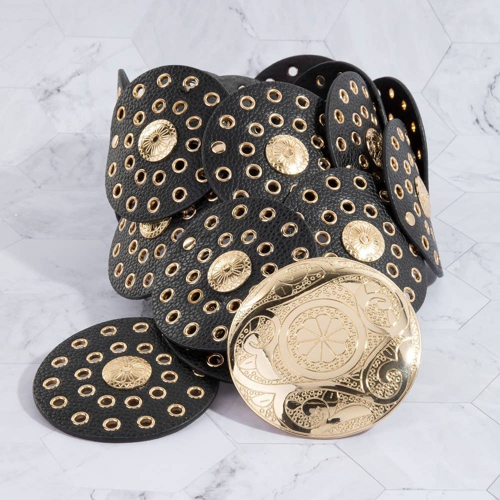 Faux Leather Grommet Disc Chain Belt Black
