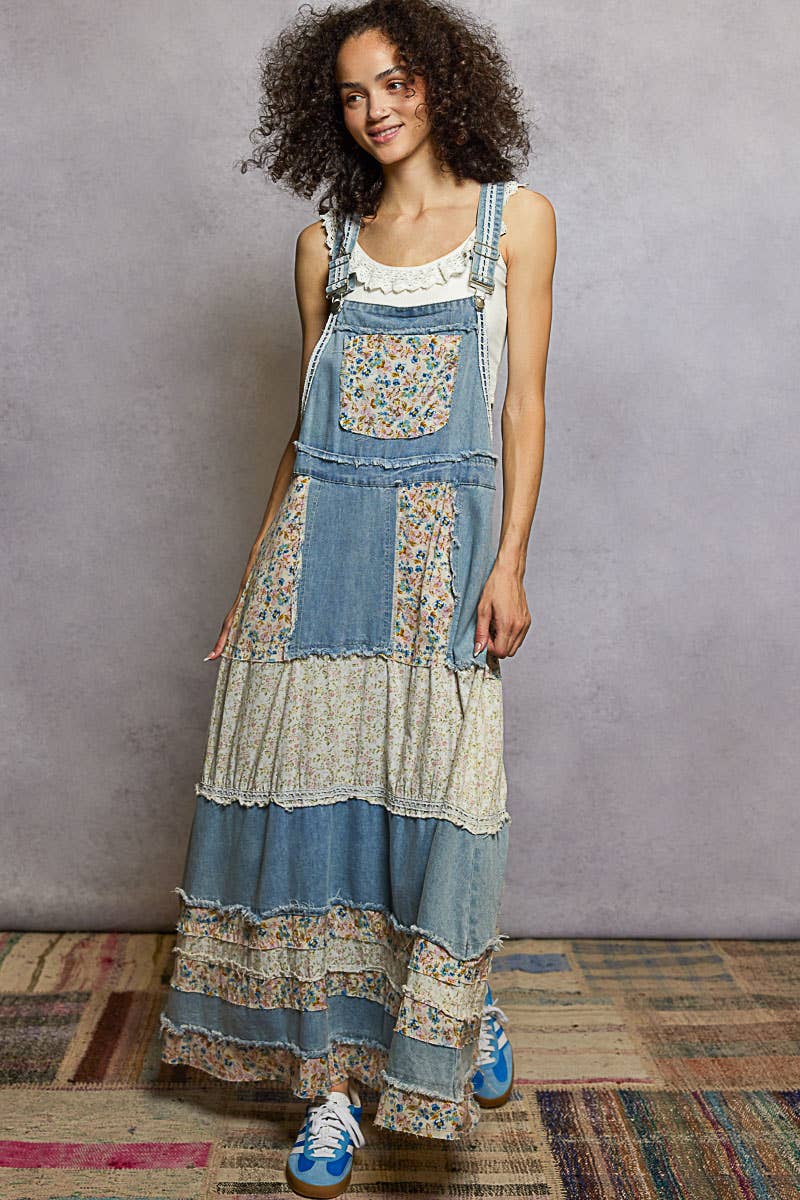 Vintage Washed Front Pocket Floral Contrast Dress: DENIM