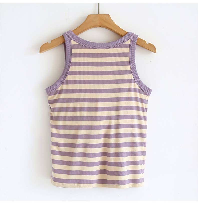 Contrast stripe scoop neck built-in bra tank top: Purple