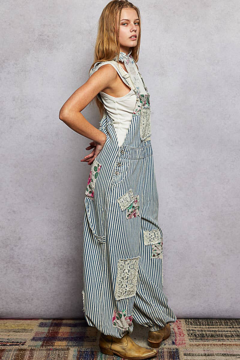 Printed Lace Patch Trim Strap Relaxed Fit Jogger Overall : DENIM