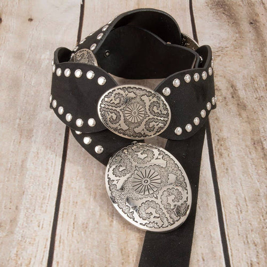 Western Oval Concho Studded Trim Vegan Leather Belt Black