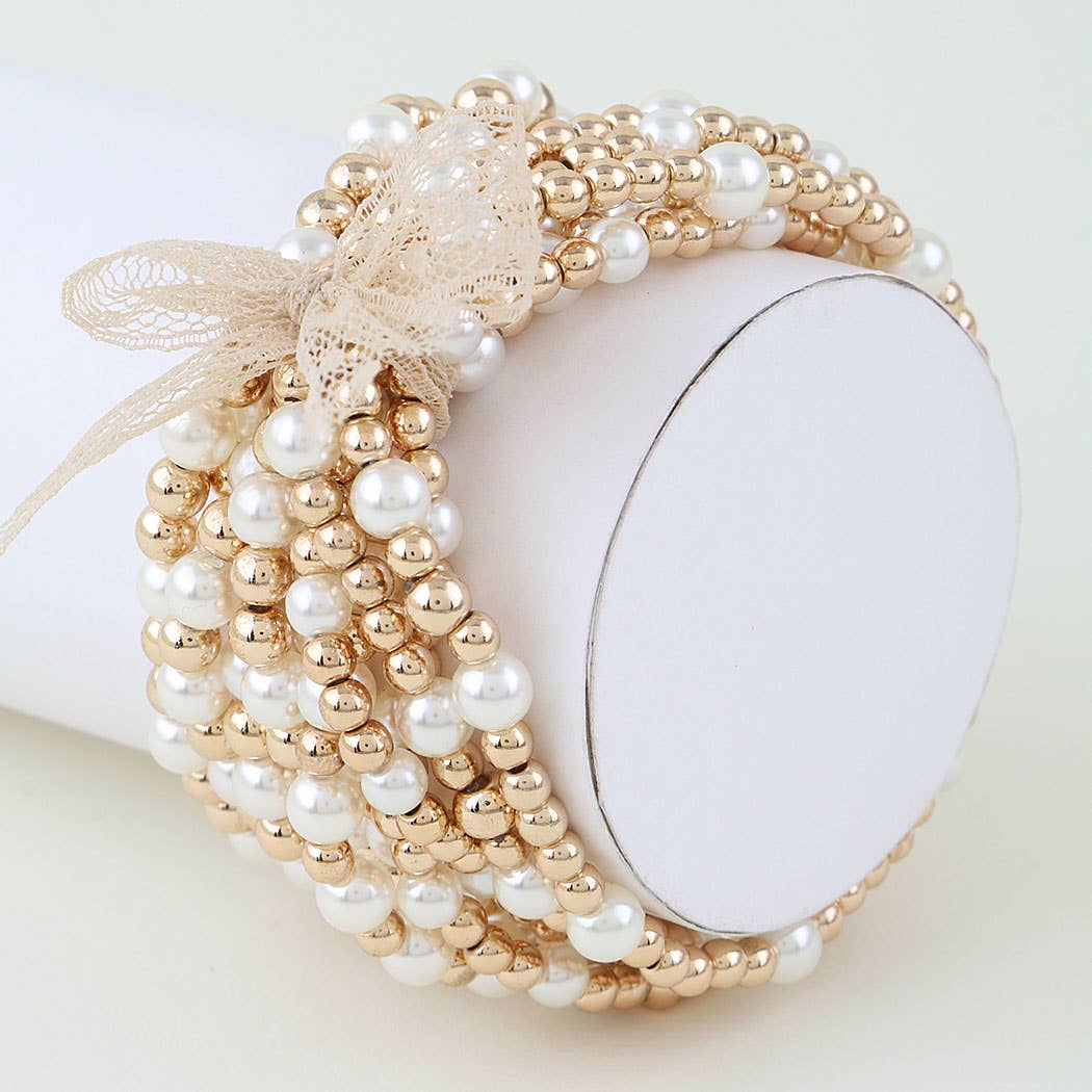 Lace Ribbon Pearl Beaded Bracelet Set