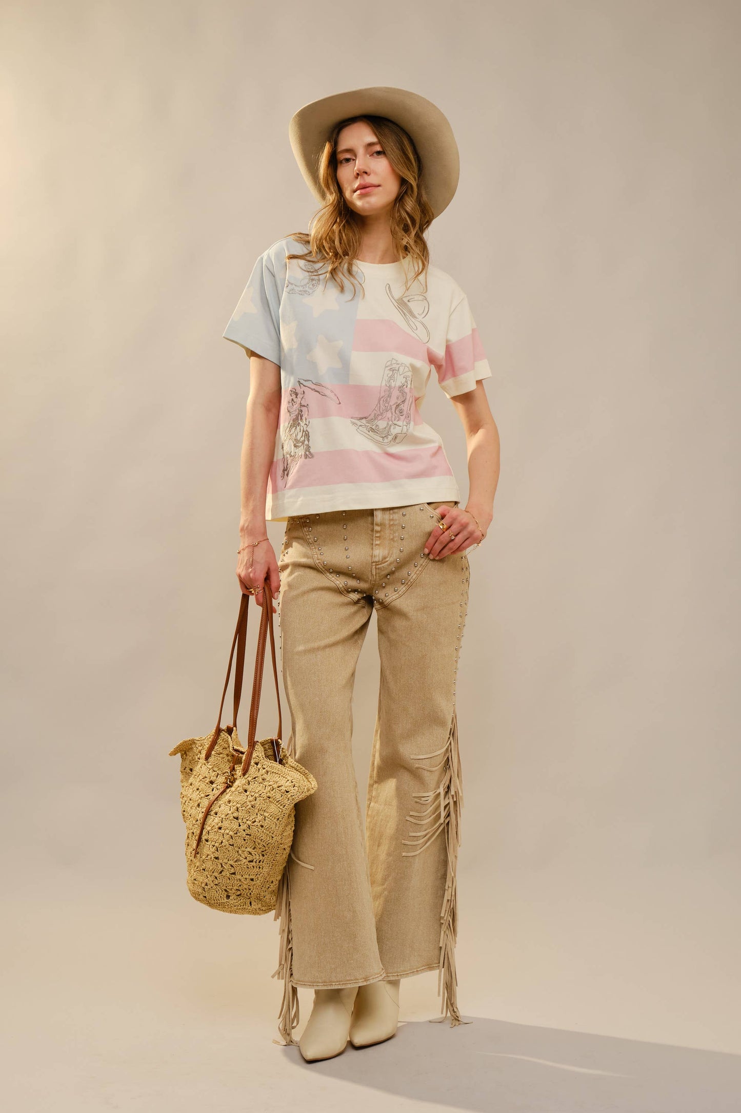 Western Flag Embroidery Crewneck Top: OFF WHITE MULTI