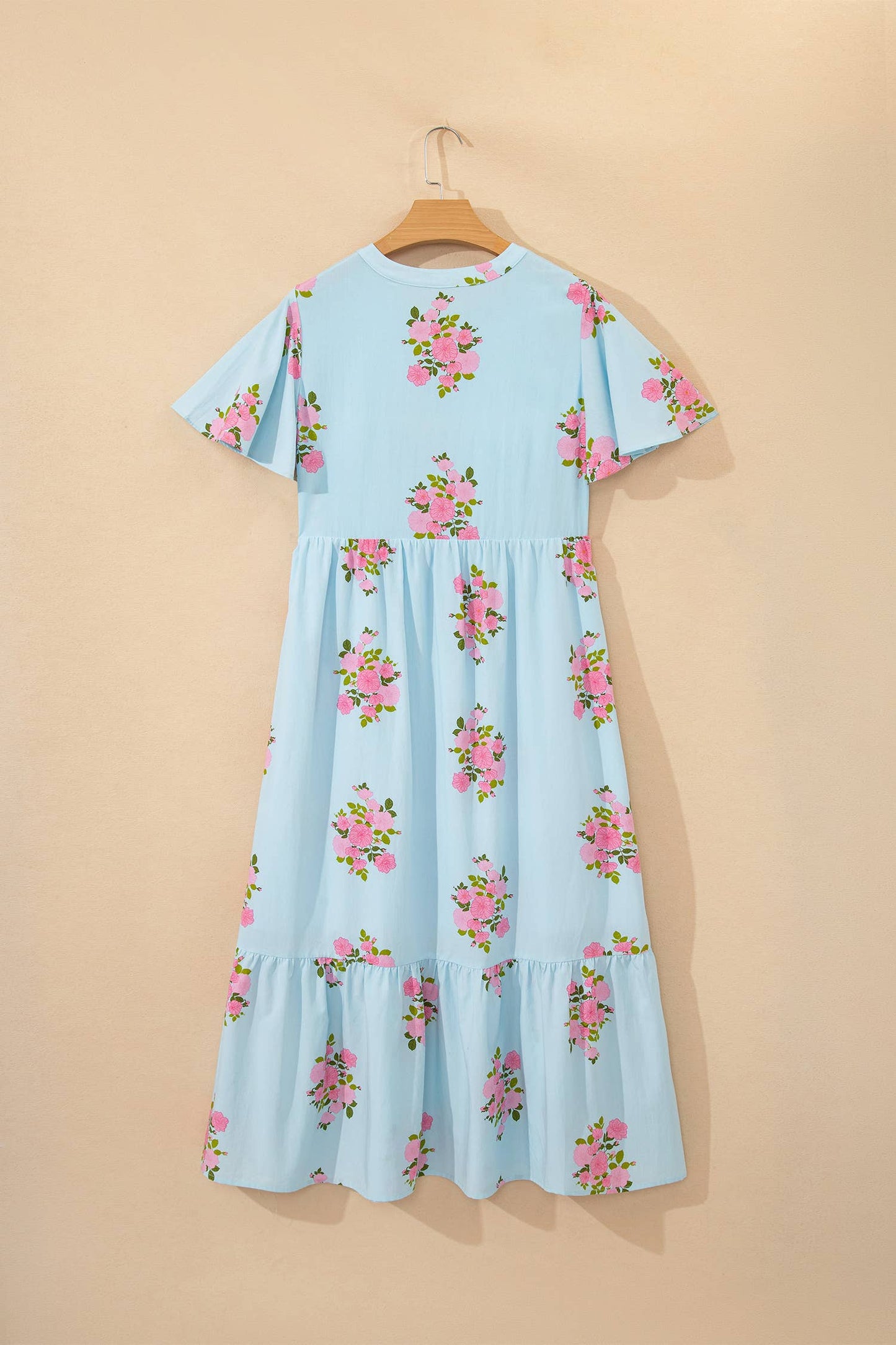 V Neck Flutter Short Sleeve Floral Maxi Dresses Sky Blue