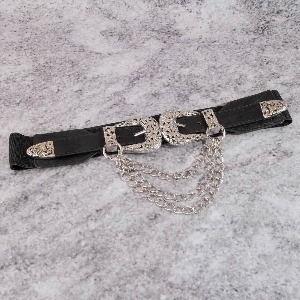 Double Buckle Chain Detail Vegan Leather Belt
