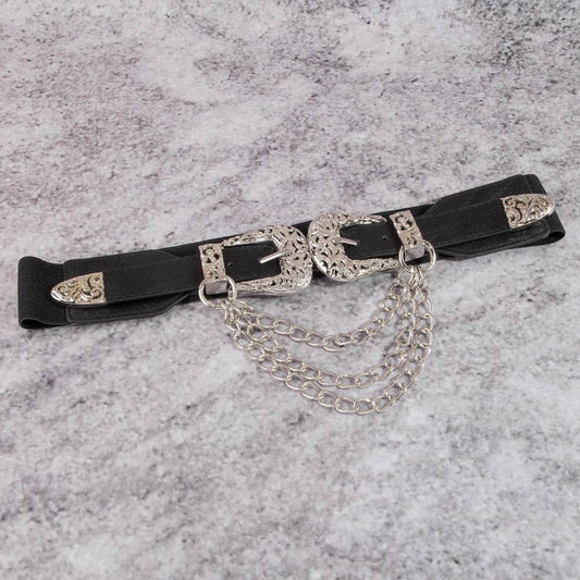 Double Buckle Chain Detail Vegan Leather Belt