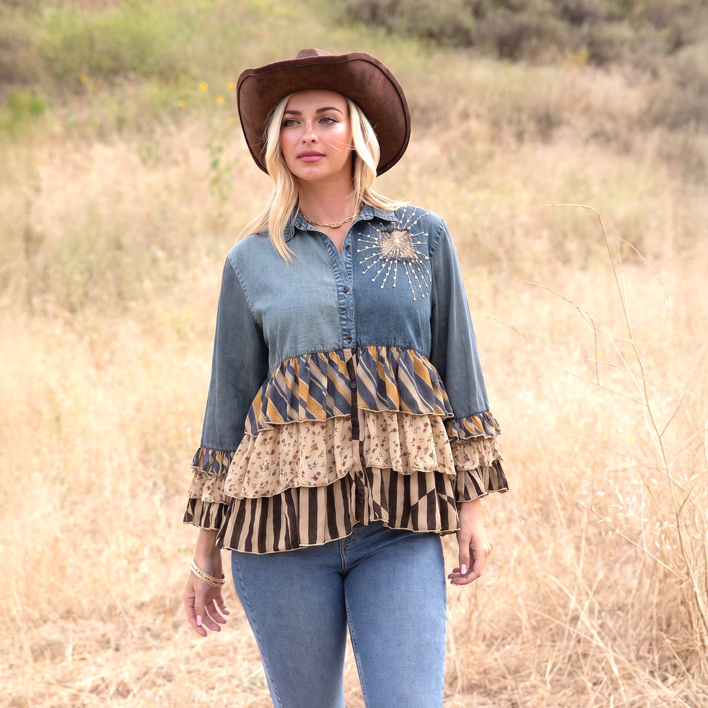 Vintage Boho Denim Yoke Patchwork Tiered Tunic Top
