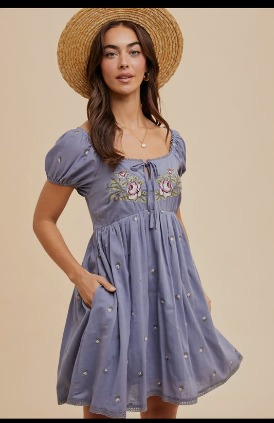 Cross Stitched Embroidered Babydoll
Mini Dress