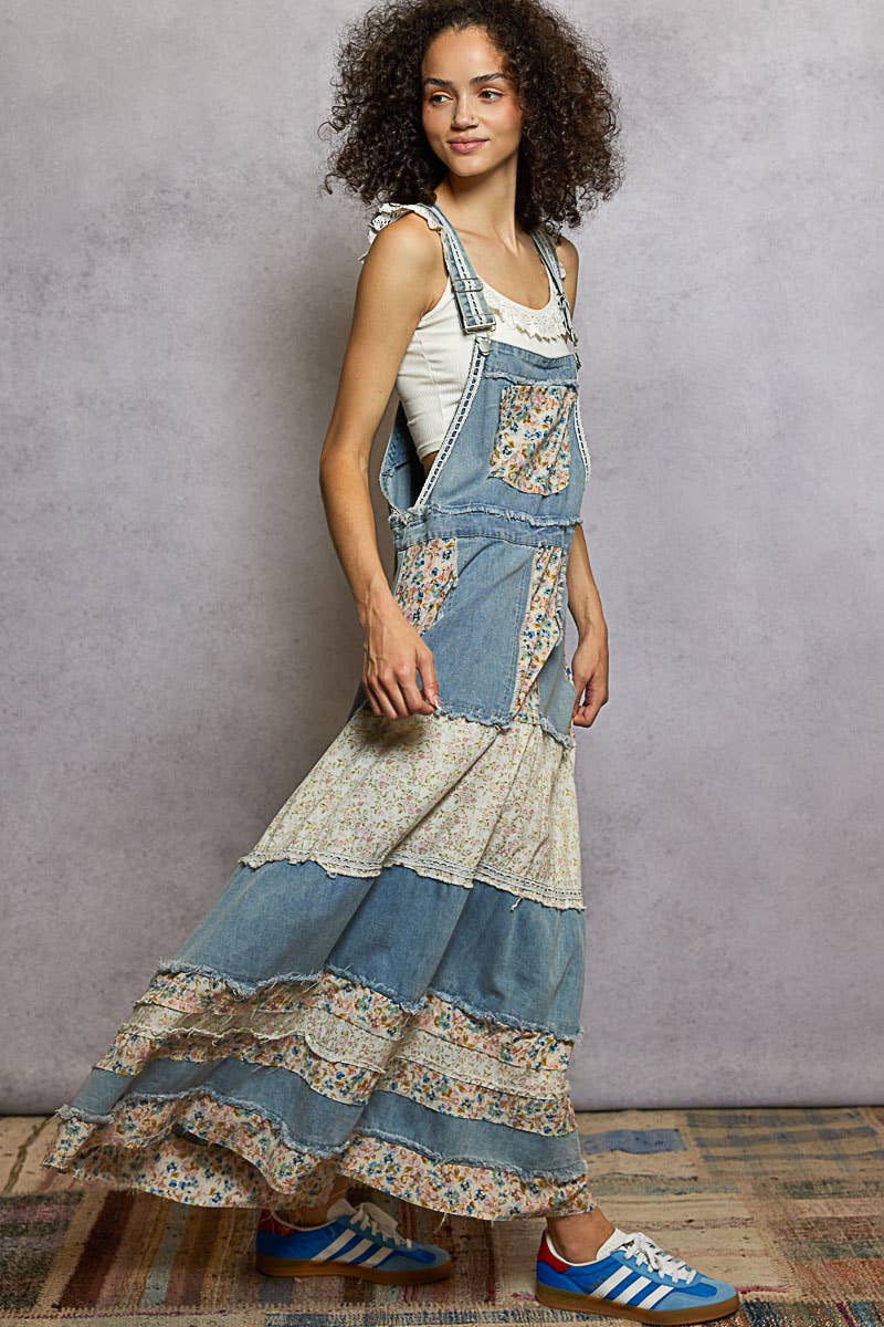 Vintage Washed Front Pocket Floral Contrast Dress: DENIM