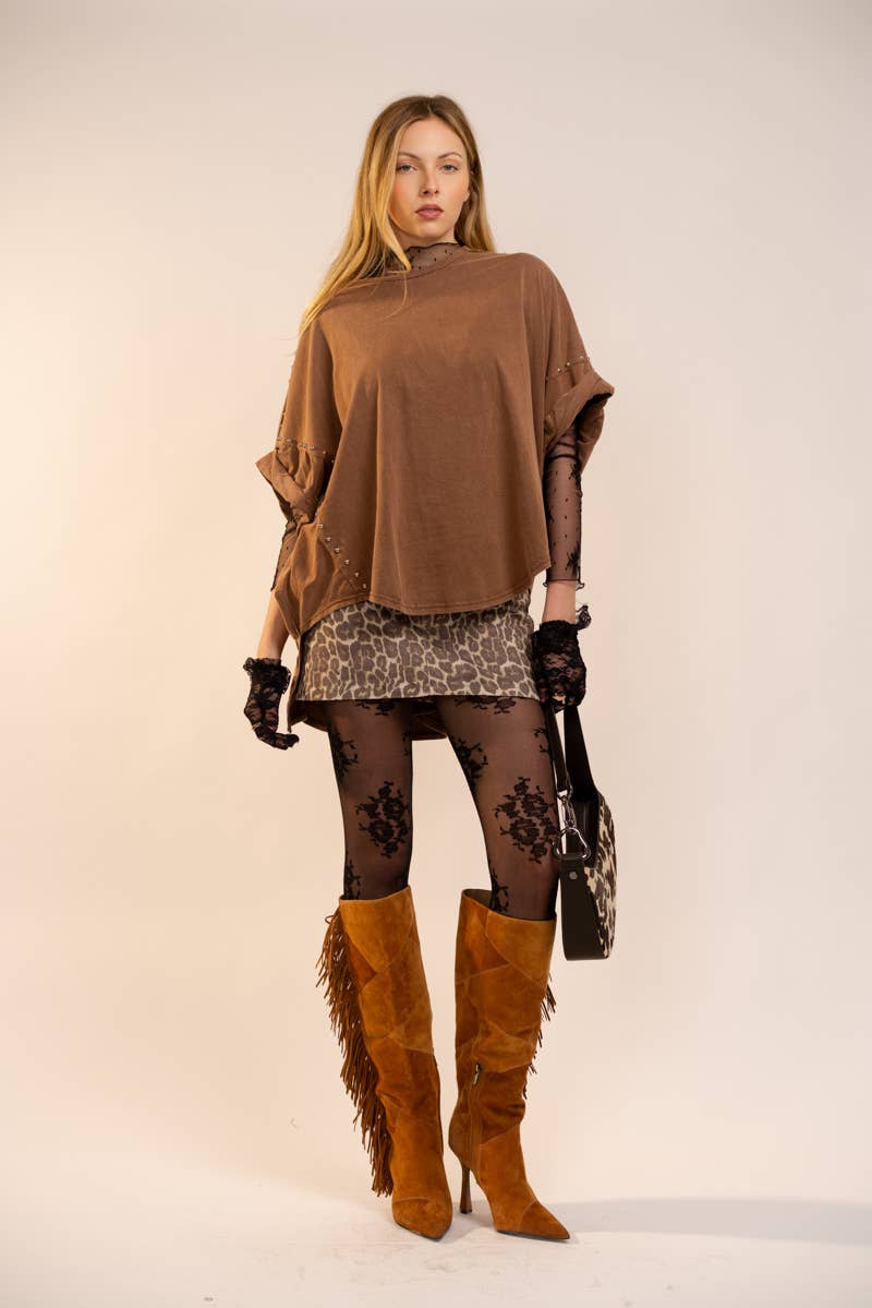 Garment Washed Roll Up Sleeve Studded High Low Tee