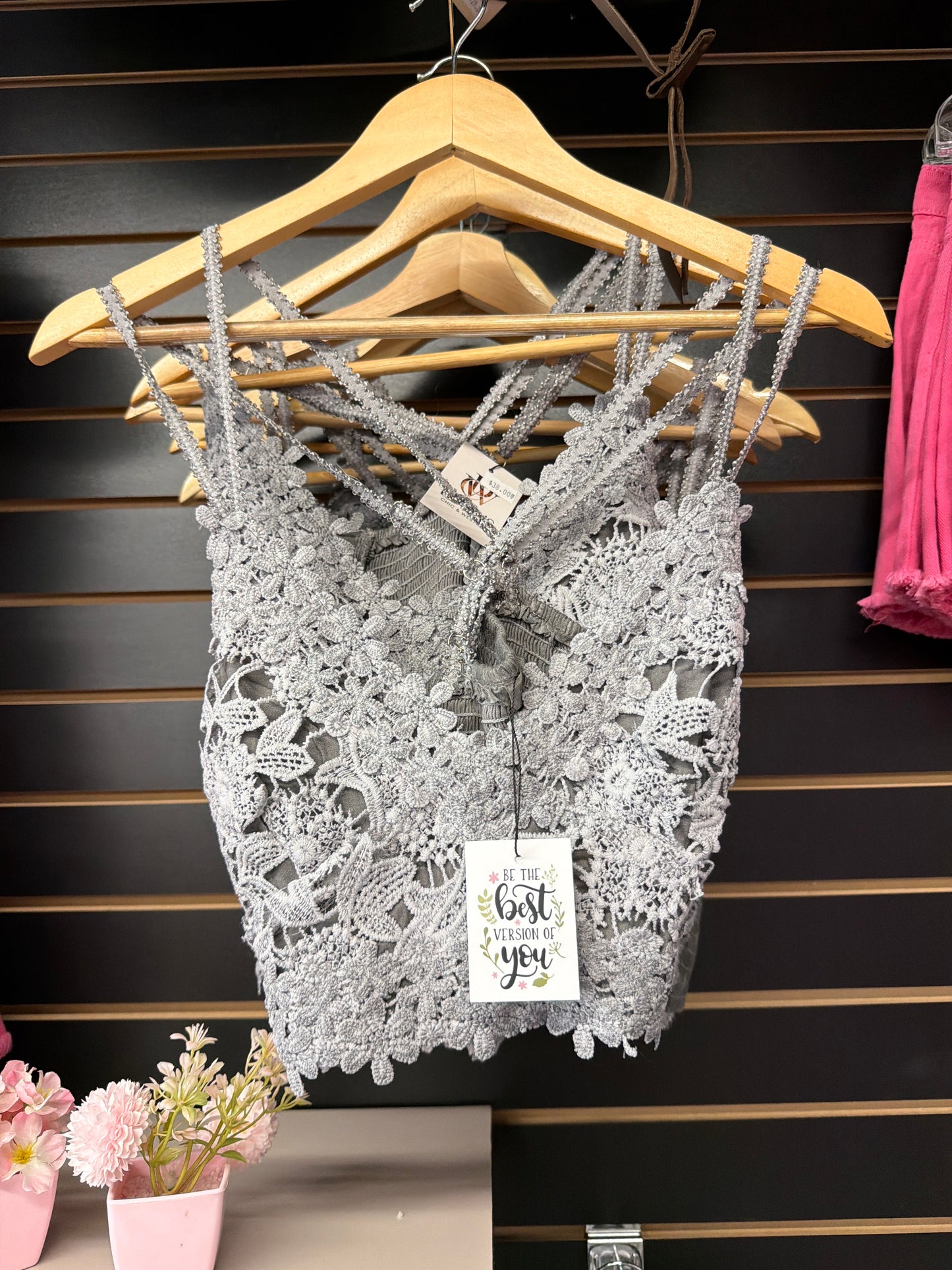 Adjustable cross strap lace crochet smock back bralette: CHARCOAL