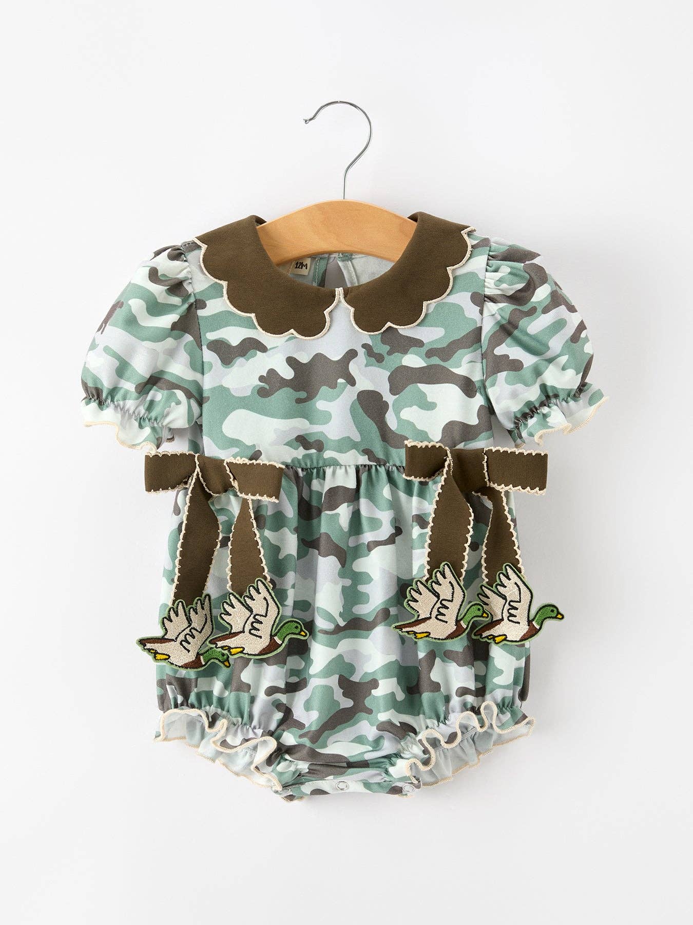 Fall Camo Bow Girls Ruffle Bubble Romper