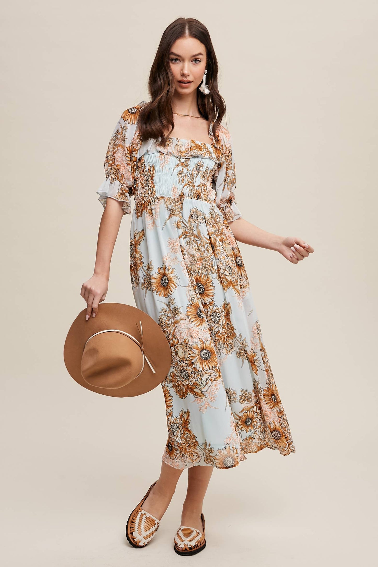 Floral Smocked Midi Dress: Butter Scotch